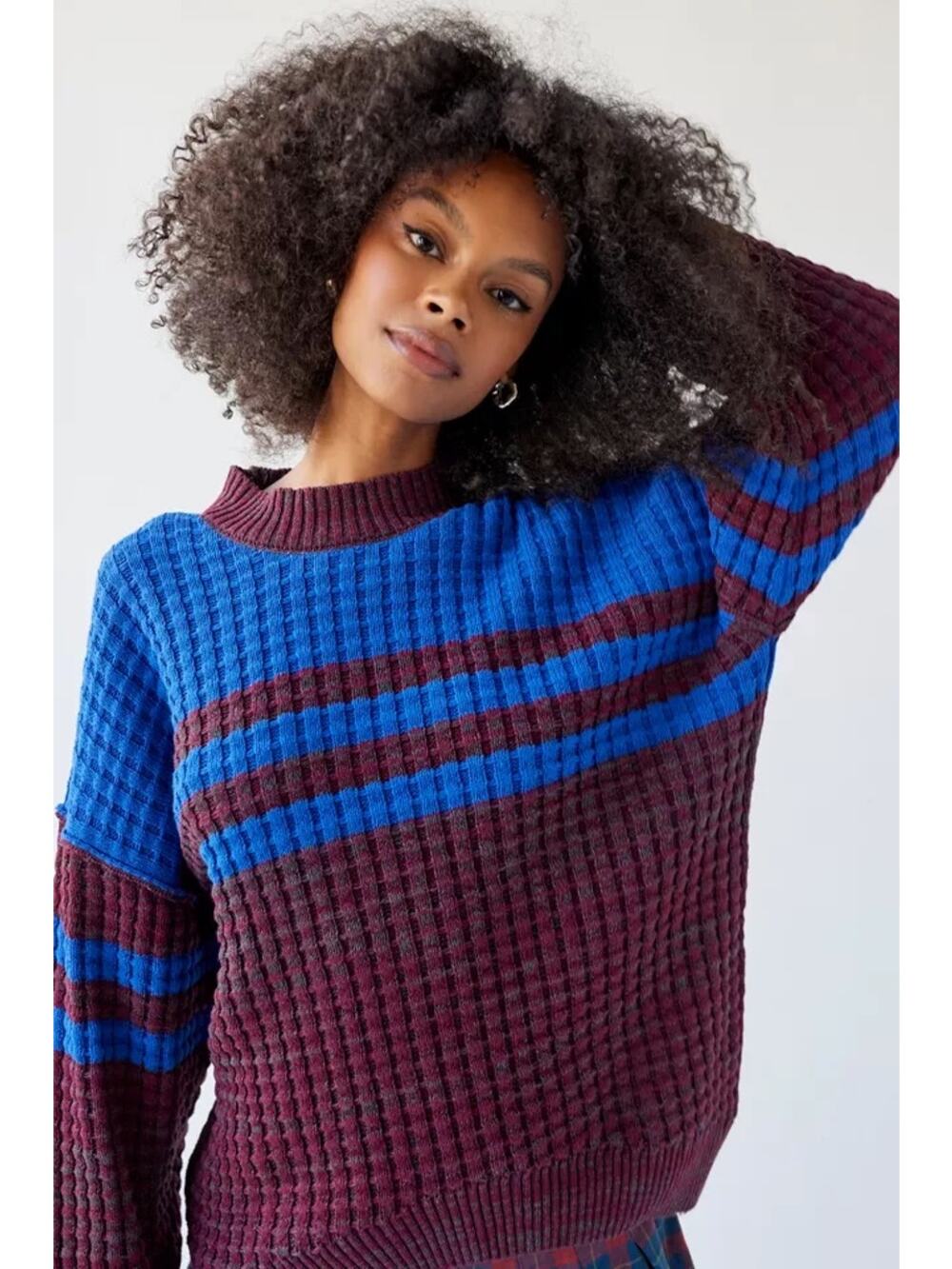 BDG Max Waffle Blue Burgundy Chunky Oversized Knit Sweater Size XS